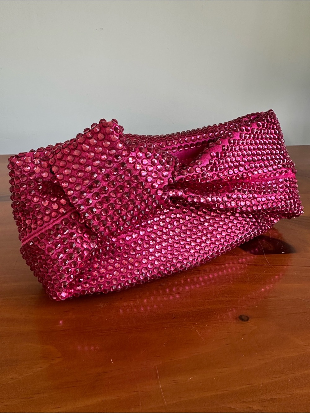 Fuchsia Rhinestone Knotted Top Handle Clutch Bag